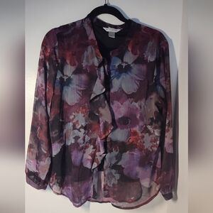 Christopher & Banks Floral Ruffle Blouse - Purple and Black Size L/P #76
